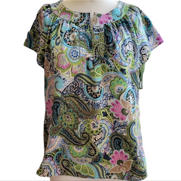 Talbots Petites satin paisley top, cap sleeves - Picture 1 of 8